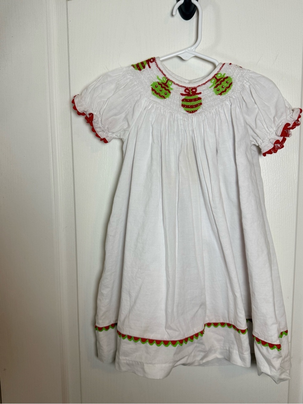Rare Editions White Dress with Red & Green Holiday Smocking